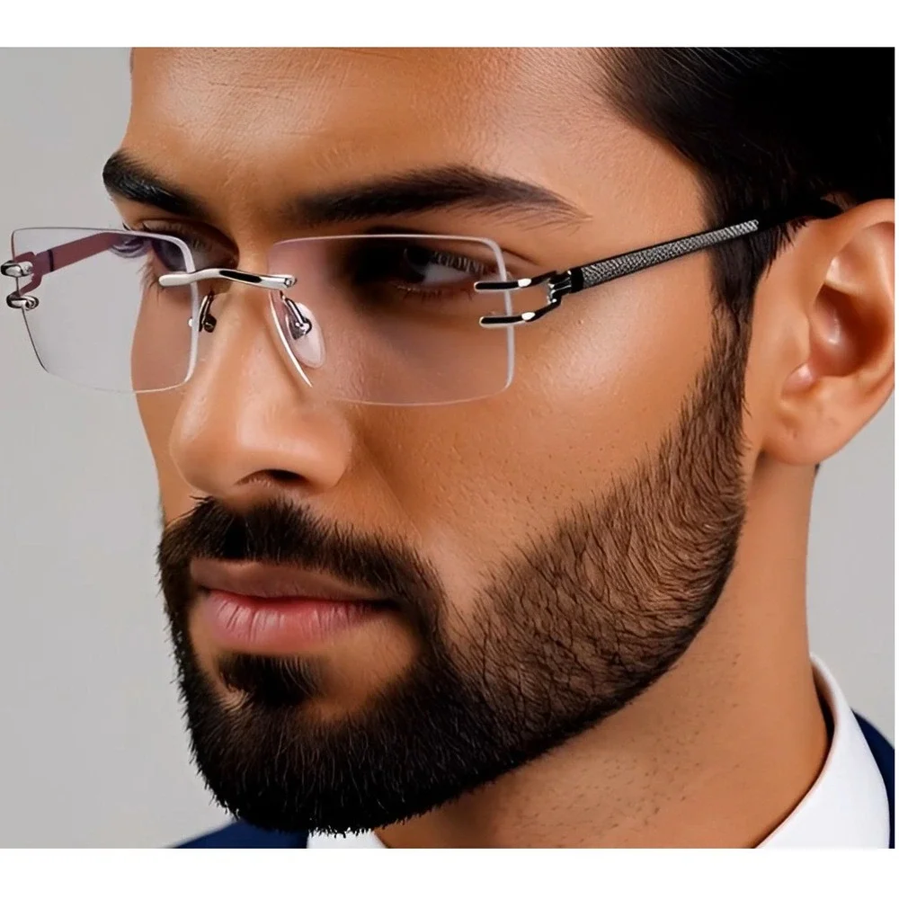Rimless Rectangle Sunglasses Men Silver‎ Frame Clear Lens Fashion Eyewear Lentes